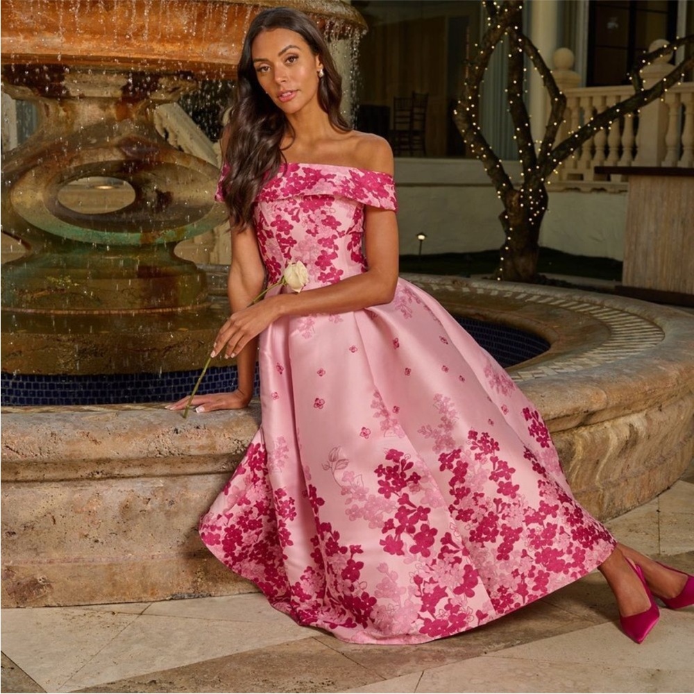 ADRIANNA PAPELL Floral Jacquard Ankle Length Dress Off The Shoulder Size